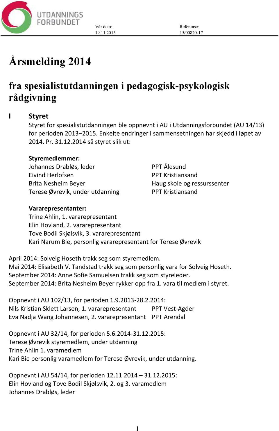 perioden 2013 2015. Enkelte endringer i sammensetningen har skjedd i løpet av 2014. Pr. 31.12.