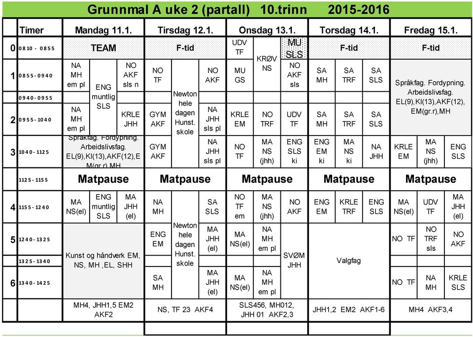 skole sls pl sls pl MU GS KRØV sls UDV Fredag 15.1. Språkfag. Fordypning. Arbeidslivsfag. EL(9),KI(13),(12), (gr.