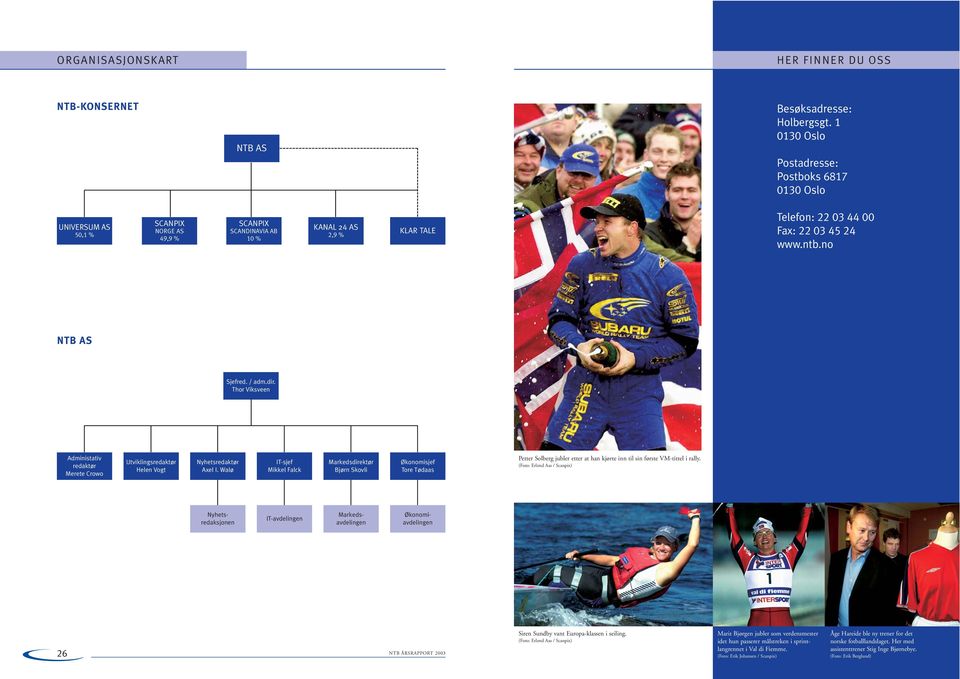 no NTB AS Sjefred. / adm.dir. Thor Viksveen Administativ redaktør Merete Crowo Utviklingsredaktør Helen Vogt Nyhetsredaktør Axel I.