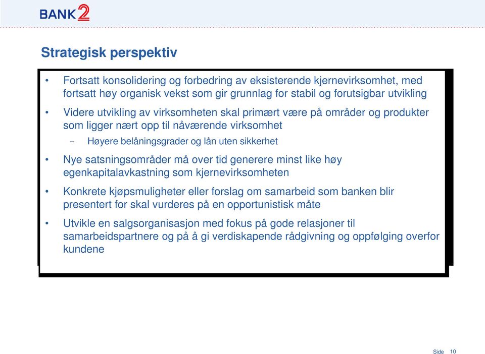 satsningsområder må over tid generere minst like høy egenkapitalavkastning som kjernevirksomheten Konkrete kjøpsmuligheter eller forslag om samarbeid som banken blir presentert