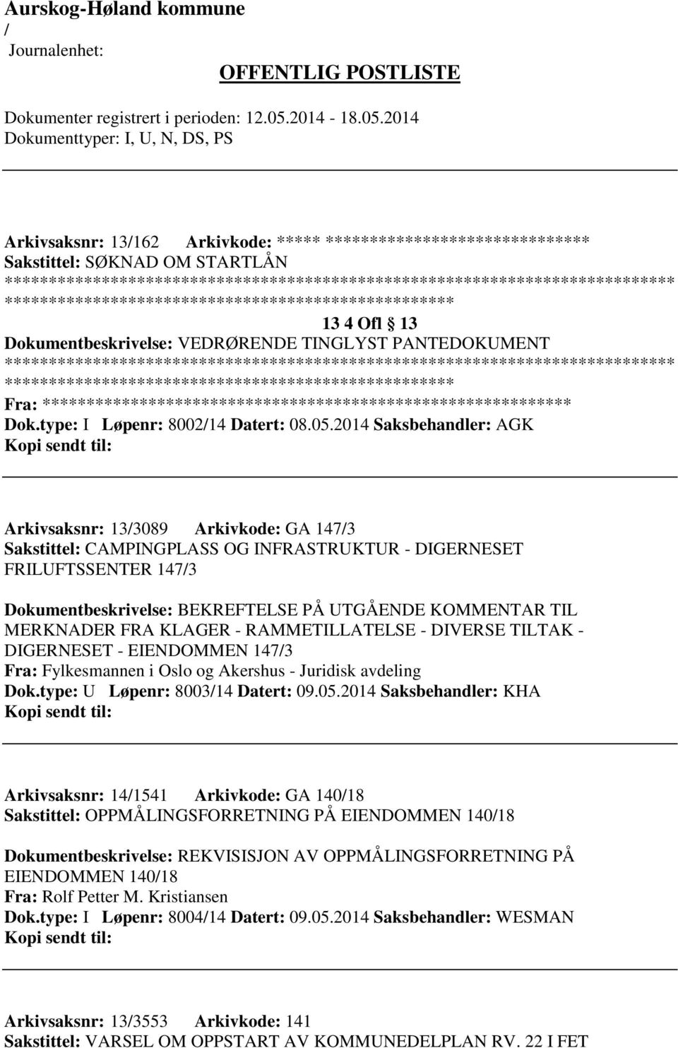 2014 Saksbehandler: AGK Arkivsaksnr: 133089 Arkivkode: GA 1473 Sakstittel: CAMPINGPLASS OG INFRASTRUKTUR - DIGERNESET FRILUFTSSENTER 1473 Dokumentbeskrivelse: BEKREFTELSE PÅ UTGÅENDE KOMMENTAR TIL