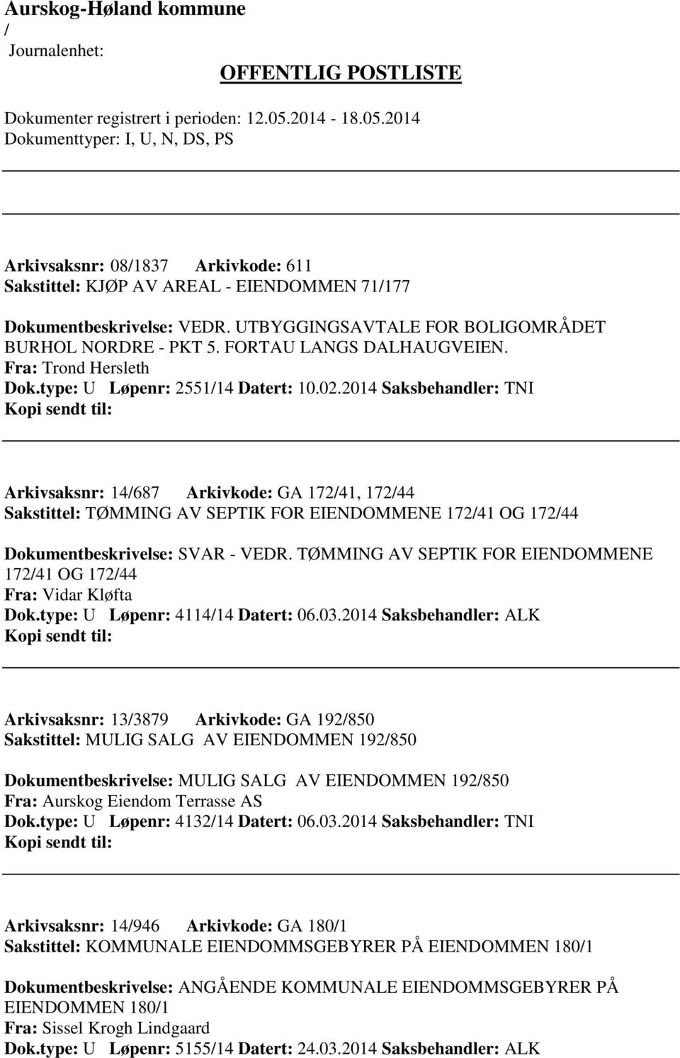 2014 Saksbehandler: TNI Arkivsaksnr: 14687 Arkivkode: GA 17241, 17244 Sakstittel: TØMMING AV SEPTIK FOR EIENDOMMENE 17241 OG 17244 Dokumentbeskrivelse: SVAR - VEDR.