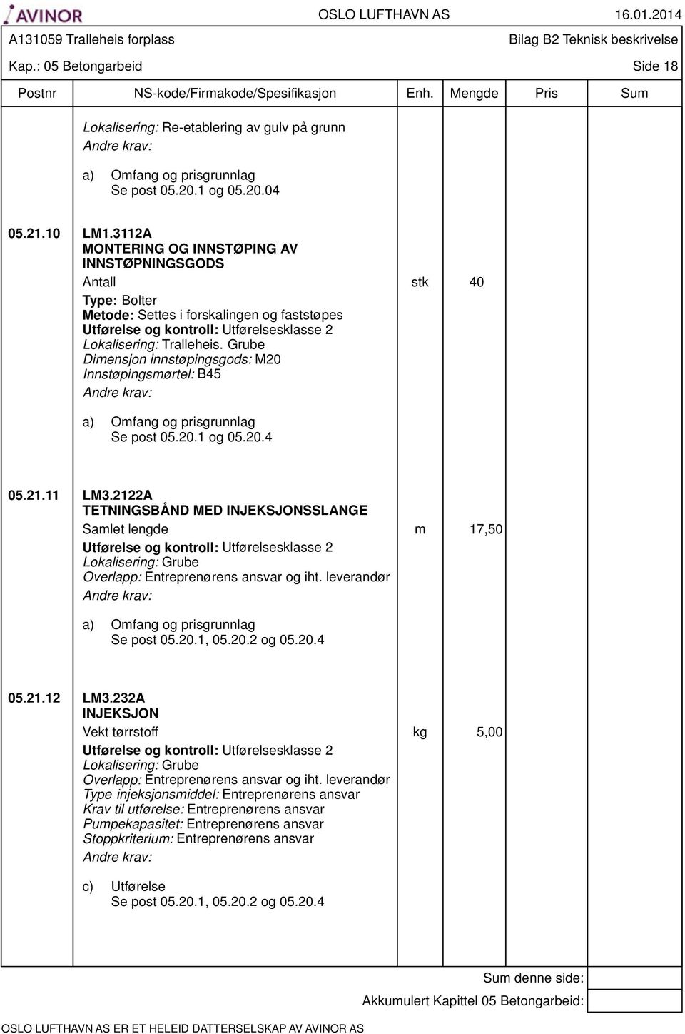 Grube Dimensjon innstøpingsgods: M20 Innstøpingsmørtel: B45 Se post 05.20.1 og 05.20.4 05.21.11 LM3.