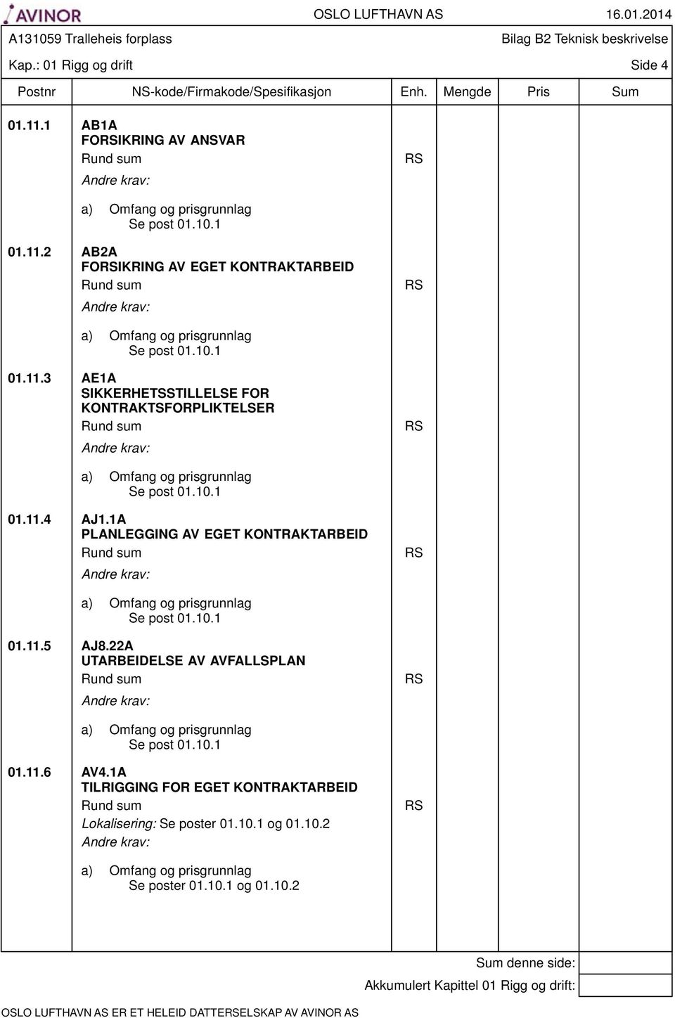 1A PLANLEGGING AV EGET KONTRAKTARBEID Rund sum RS Se post 01.10.1 01.11.5 AJ8.22A UTARBEIDELSE AV AVFALLSPLAN Rund sum RS Se post 01.10.1 01.11.6 AV4.