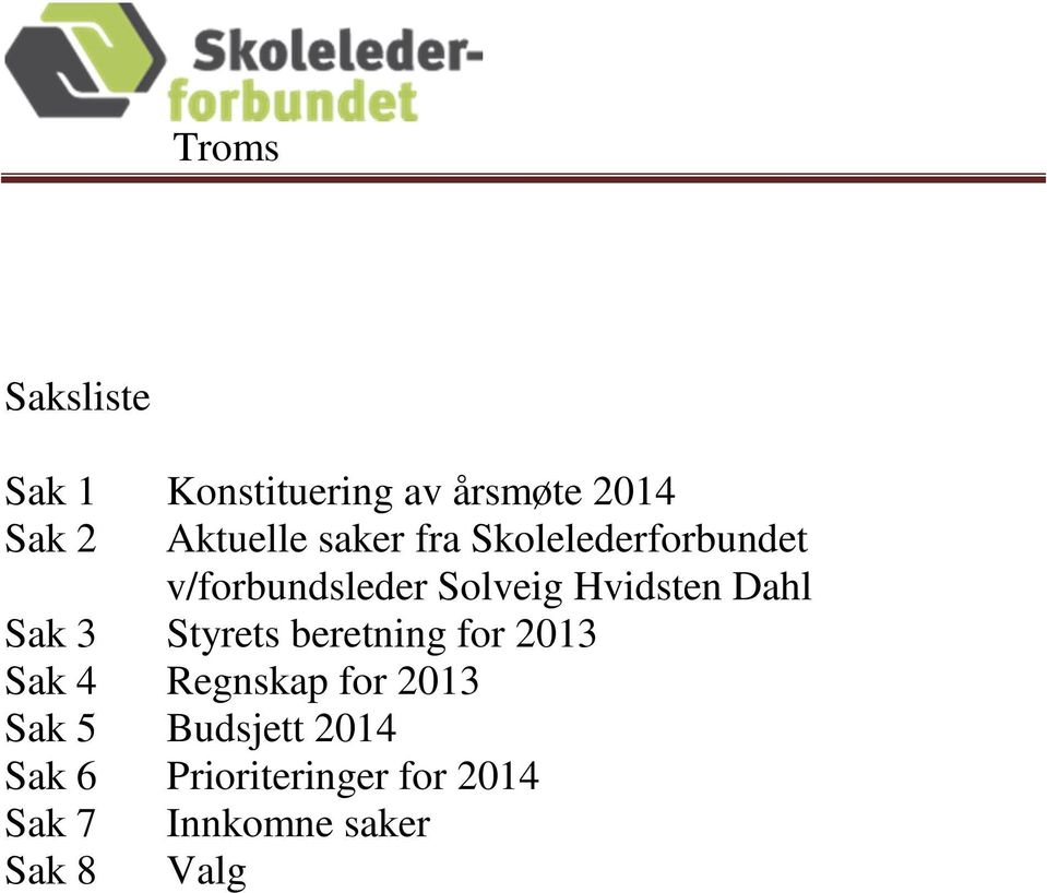 3 Styrets beretning for 2013 Sak 4 Regnskap for 2013 Sak 5