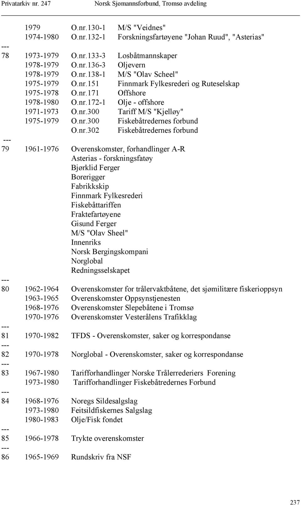 O.nr.302 Fiskebåtredernes forbund 79 1961-1976 Overenskomster, forhandlinger A-R Asterias - forskningsfatøy Bjørklid Ferger Borerigger Fabrikkskip Finnmark Fylkesrederi Fiskebåttariffen