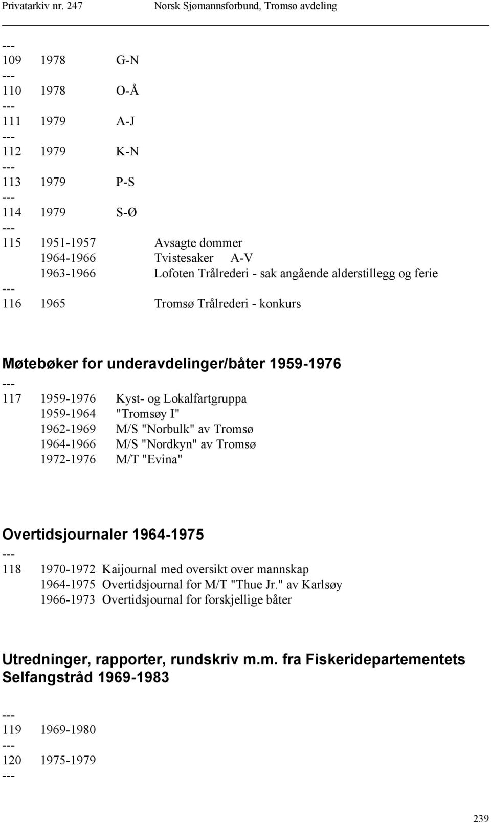 "Norbulk" av Tromsø 1964-1966 M/S "Nordkyn" av Tromsø 1972-1976 M/T "Evina" Overtidsjournaler 1964-1975 118 1970-1972 Kaijournal med oversikt over mannskap 1964-1975 Overtidsjournal