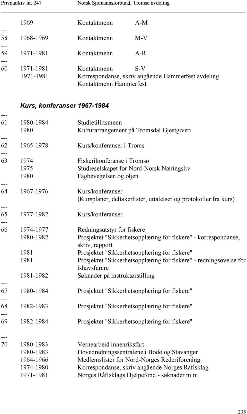 Nord-Norsk Næringsliv 1980 Fagbevegelsen og oljen 64 1967-1976 Kurs/konferanser (Kursplaner, deltakerlister, uttalelser og protokoller fra kurs) 65 1977-1982 Kurs/konferanser 66 1974-1977