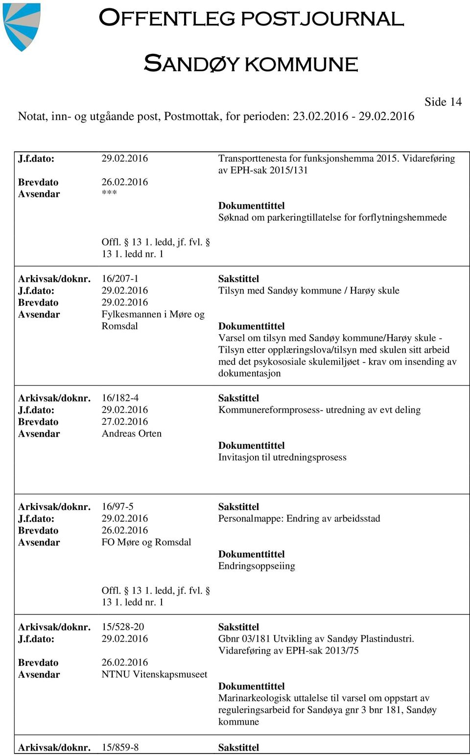 2016 Tilsyn med Sandøy kommune / Harøy skule Brevdato 29.02.