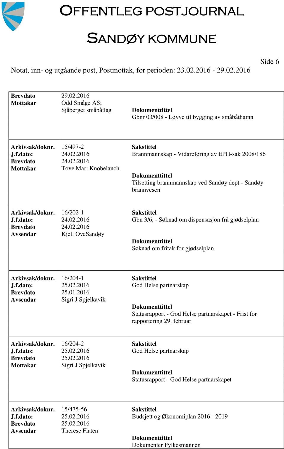 01.2016 Sigri J Spjelkavik Statusrapport - God Helse partnarskapet - Frist for rapportering 29. februar Arkivsak/doknr. 16/204-2 Sakstittel J.f.dato: 25.02.