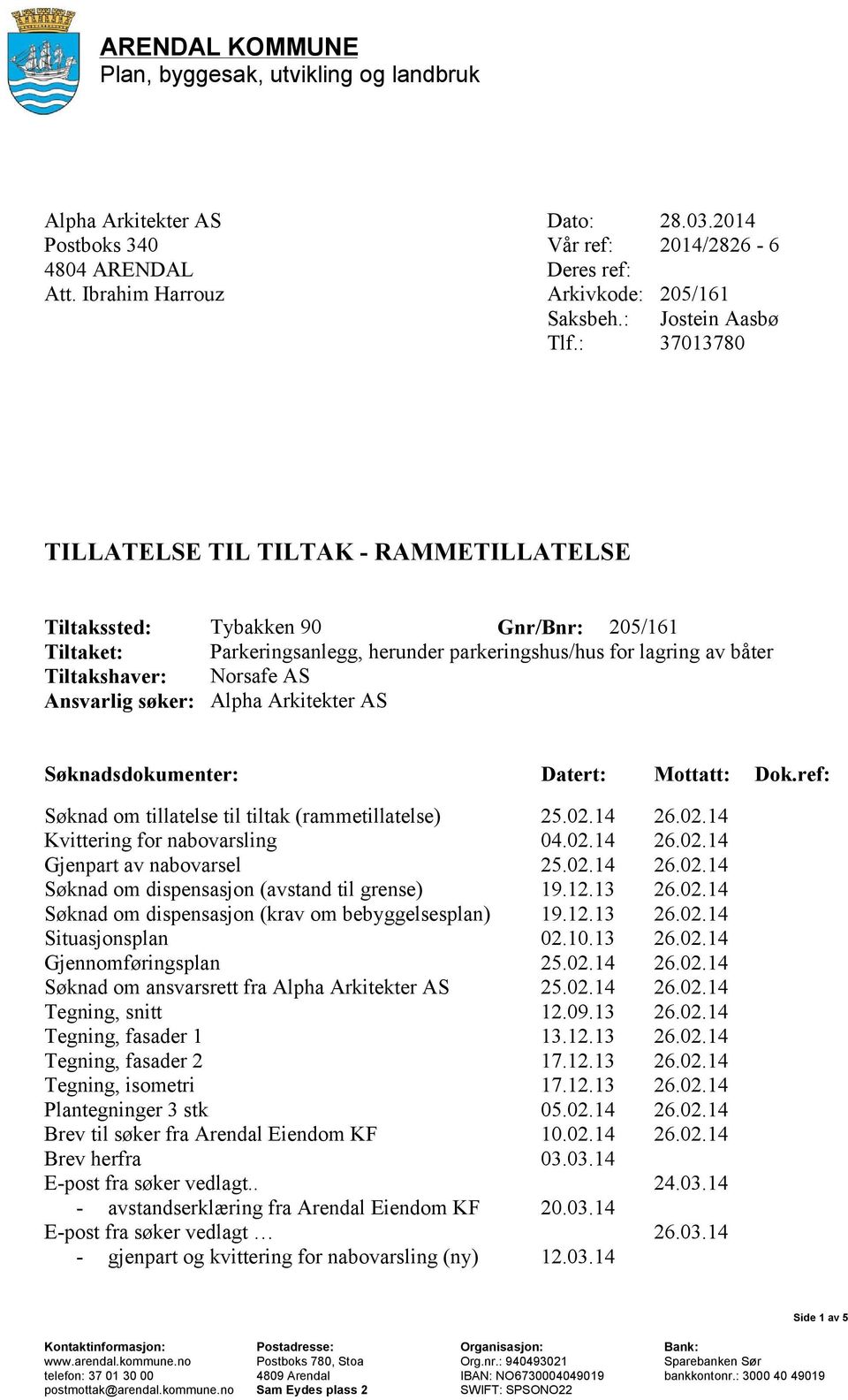 : 37013780 TILLATELSE TIL TILTAK - RAMMETILLATELSE Tiltakssted: Tybakken 90 Gnr/Bnr: 205/161 Tiltaket: Parkeringsanlegg, herunder parkeringshus/hus for lagring av båter Tiltakshaver: Norsafe AS