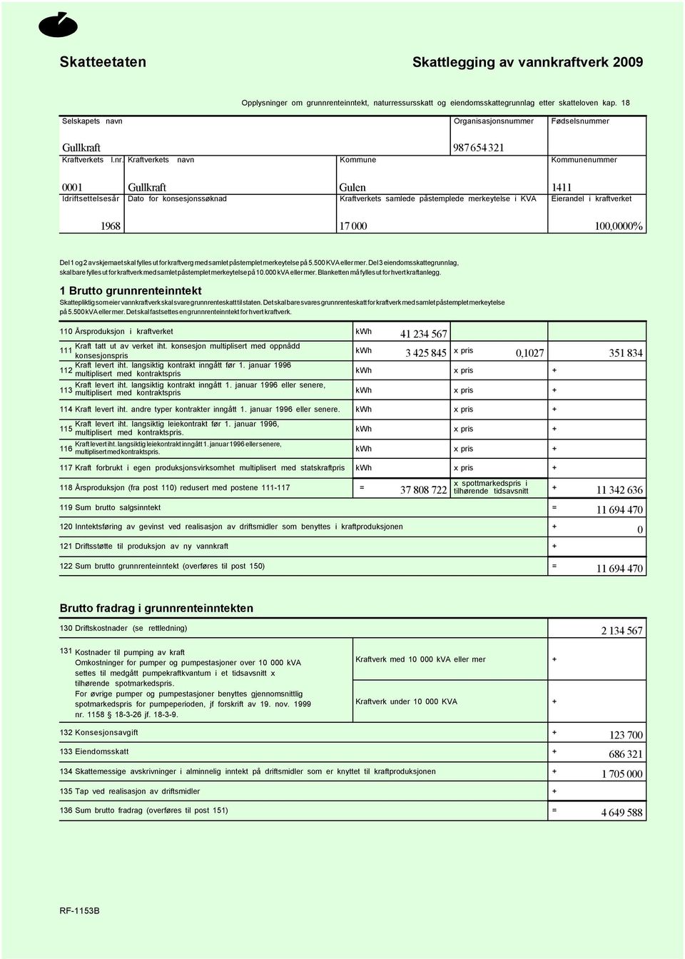 Kraftverkets navn Kommune Kommunenummer 1 Gullkraft Gulen 1411 Idriftsettelsesår Dato for konsesjonssøknad Kraftverkets samlede påstemplede merkeytelse i KVA Eierandel i kraftverket 196 1 1,% Del 1