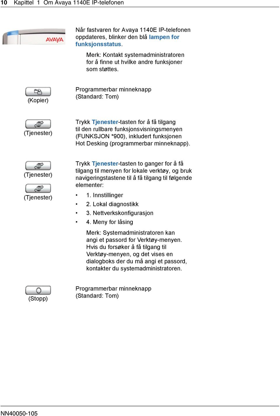 (Kopier) Programmerbar minneknapp (Standard: Tom) (Tjenester) Trykk Tjenester-tasten for å få tilgang til den rullbare funksjonsvisningsmenyen (FUNKSJON *900), inkludert funksjonen Hot Desking