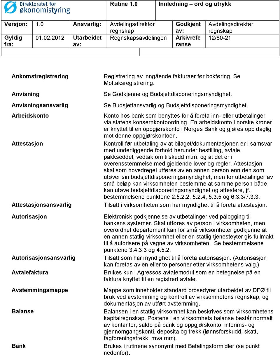 Attestasjonsansvarlig Autorisasjon Autorisasjonsansvarlig Avtalefaktura Avstemmingsmappe Balanse Bank Registrering av inngående fakturaer før bokføring. Se Mottaksregistrering.