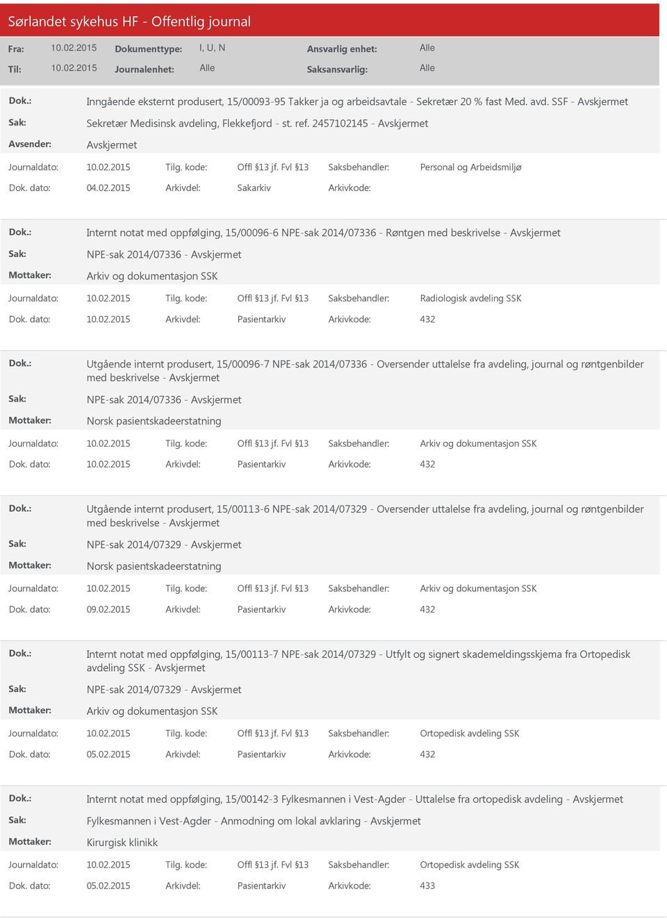 2015 Internt notat med oppfølging, 15/00096-6 NPE-sak 2014/07336 - Røntgen med beskrivelse - NPE-sak 2014/07336 - Radiologisk avdeling SSK Pasientarkiv 432 tgående internt produsert, 15/00096-7