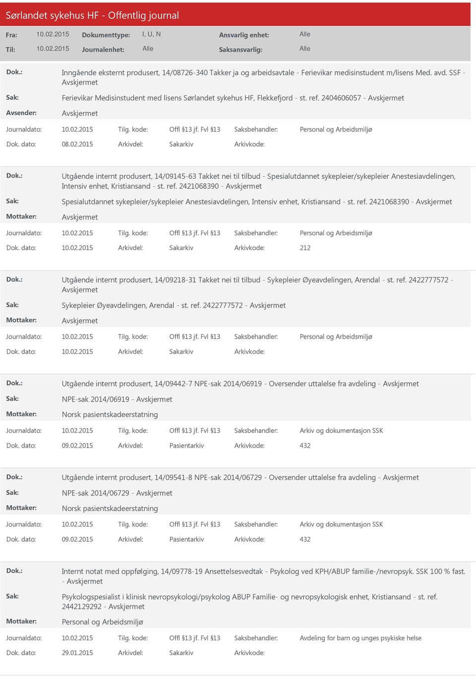 2015 tgående internt produsert, 14/09145-63 Takket nei til tilbud - Spesialutdannet sykepleier/sykepleier Anestesiavdelingen, Intensiv enhet, Kristiansand - st. ref.