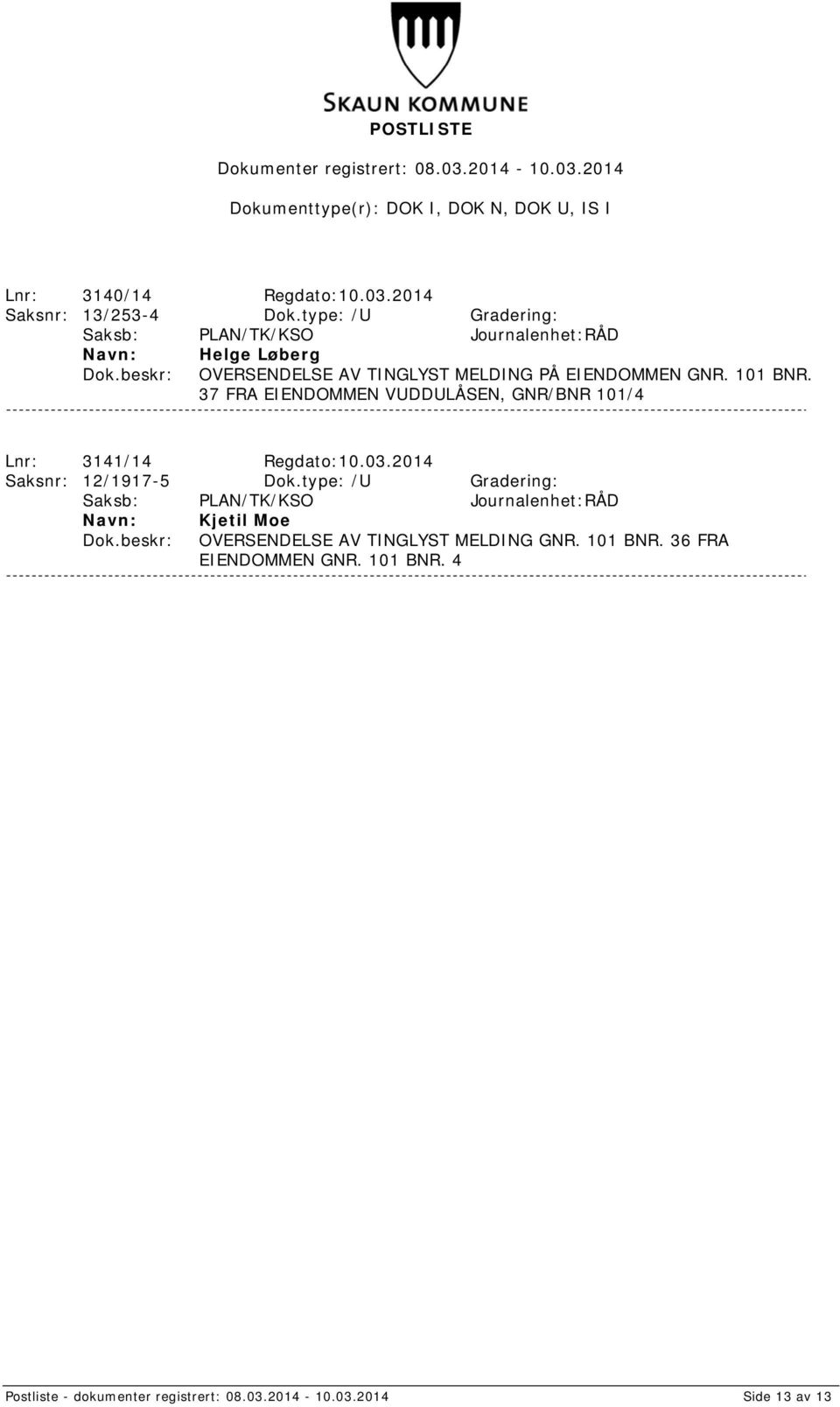101 BNR. 37 FRA EIENDOMMEN VUDDULÅSEN, GNR/BNR 101/4 Lnr: 3141/14 Regdato:10.03.2014 Saksnr: 12/1917-5 Dok.