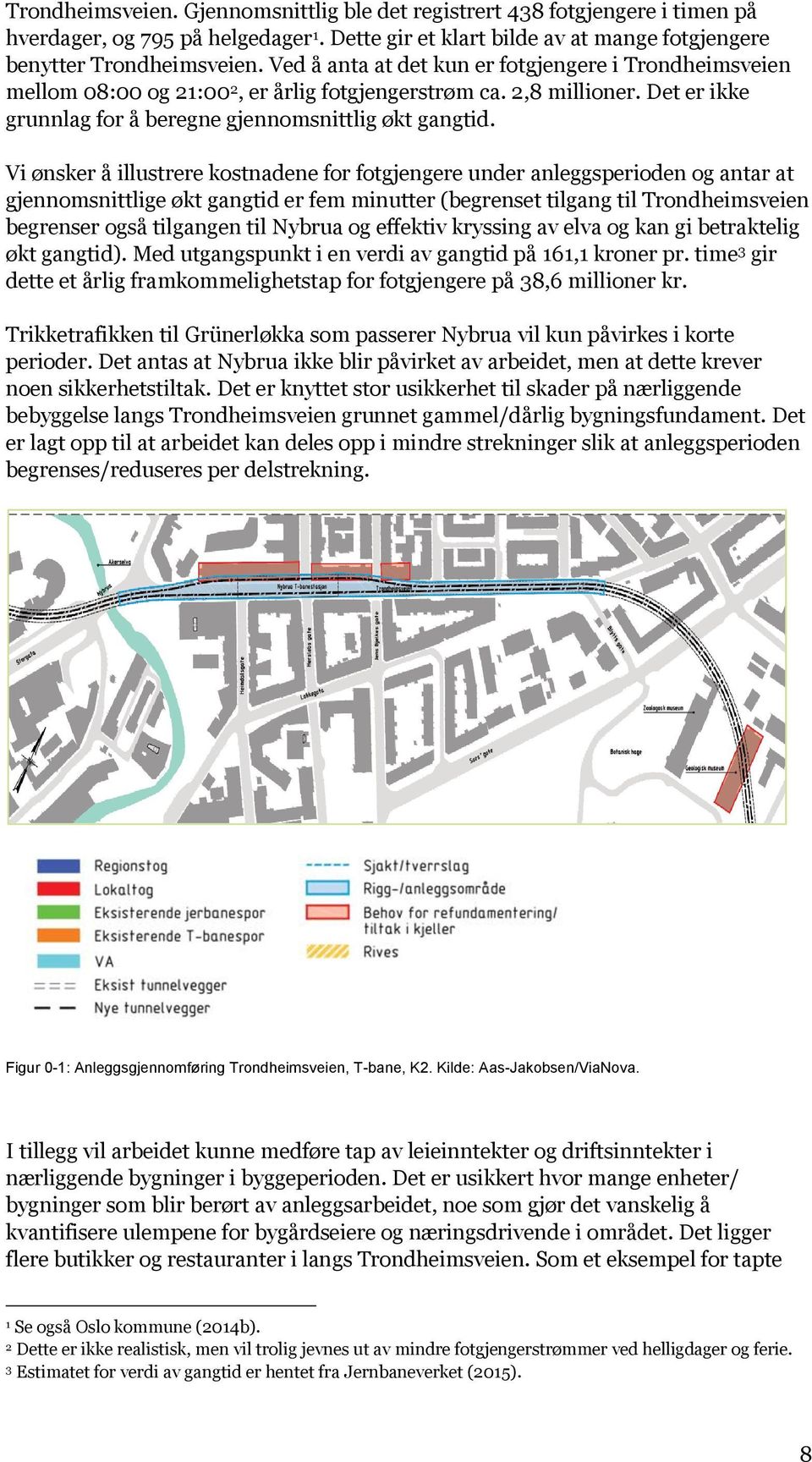 Vi ønsker å illustrere kostnadene for fotgjengere under anleggsperioden og antar at gjennomsnittlige økt gangtid er fem minutter (begrenset tilgang til Trondheimsveien begrenser også tilgangen til