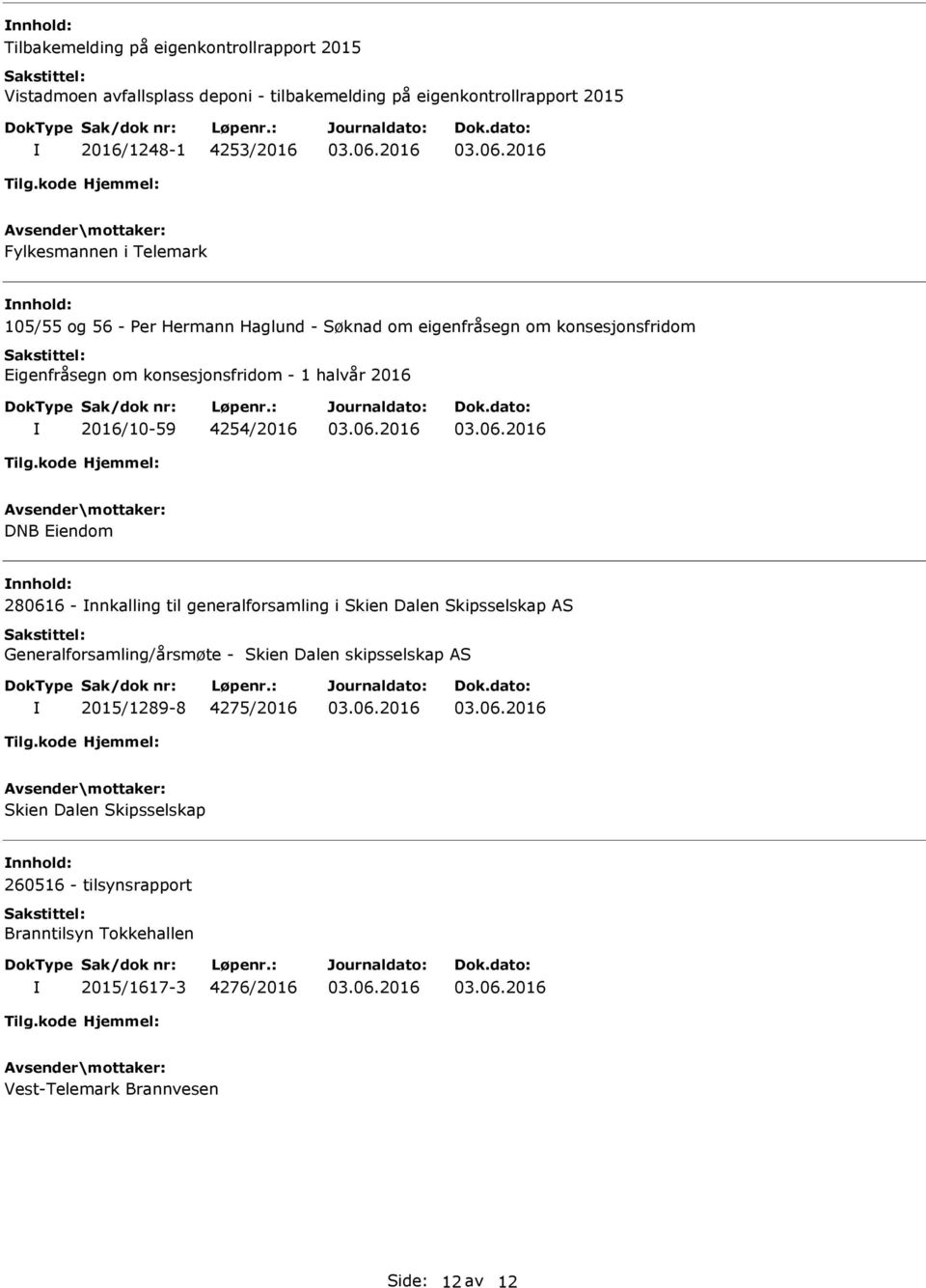 2016/10-59 4254/2016 DNB Eiendom nnhold: 280616 - nnkalling til generalforsamling i Skien Dalen Skipsselskap AS Generalforsamling/årsmøte - Skien Dalen