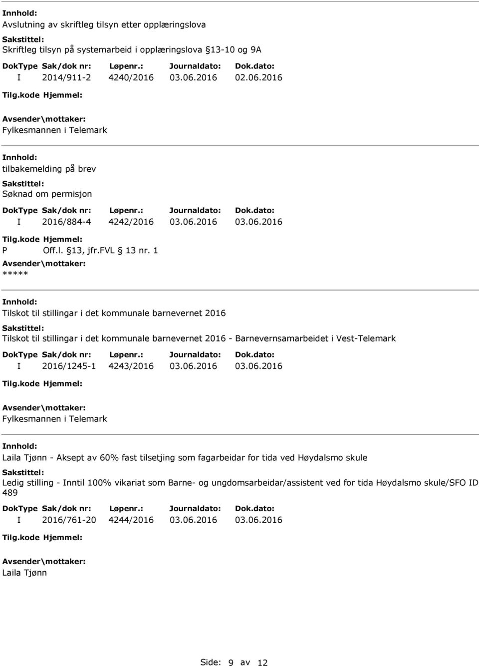 1 ***** nnhold: Tilskot til stillingar i det kommunale barnevernet 2016 Tilskot til stillingar i det kommunale barnevernet 2016 - Barnevernsamarbeidet i Vest-Telemark 2016/1245-1 4243/2016