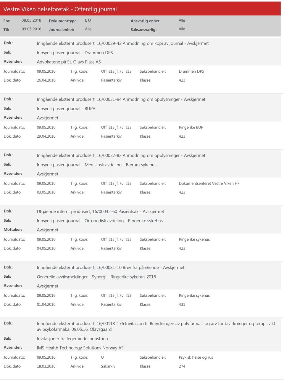 2016 Arkivdel: Pasientarkiv 423 Inngående eksternt produsert, 16/00037-82 Anmodning om opplysninger - Innsyn i pasientjournal - Medisinsk avdeling - Bærum sykehus Dokumentsenteret Vestre Viken HF Dok.