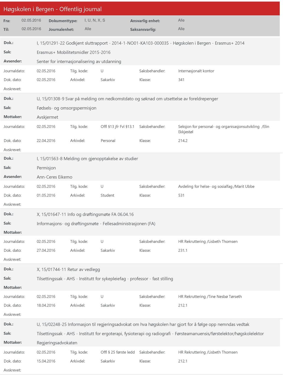 2016 Arkivdel: Personal 214.2 I, 15/01563-8 Melding om gjenopptakelse av studier Permisjon Ann-Ceres Eikemo Avdeling for helse- og sosialfag /Marit bbe Dok. dato: 01.05.