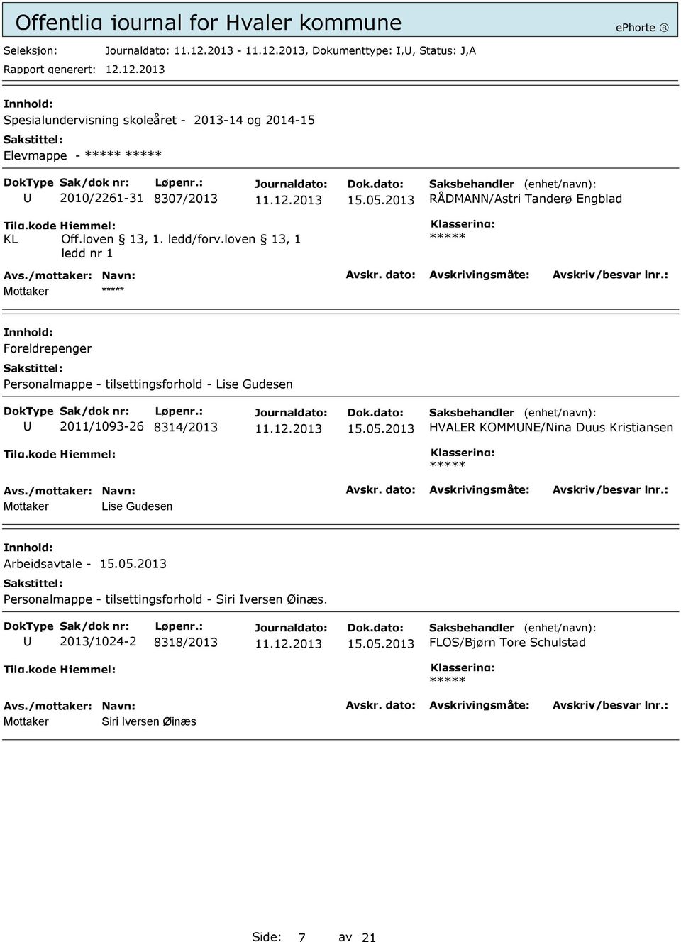 2011/1093-26 8314/2013 HVALER KOMMNE/Nina Duus Kristiansen Lise Gudesen Arbeidsavtale - Personalmappe -