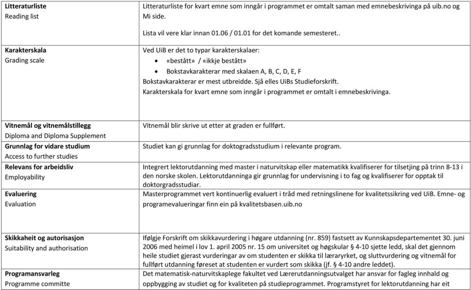 . Karakterskala Grading scale Ved UiB er det to typar karakterskalaer: «bestått» / «ikkje bestått» Bokstavkarakterar med skalaen A, B, C, D, E, F Bokstavkarakterar er mest utbreidde.