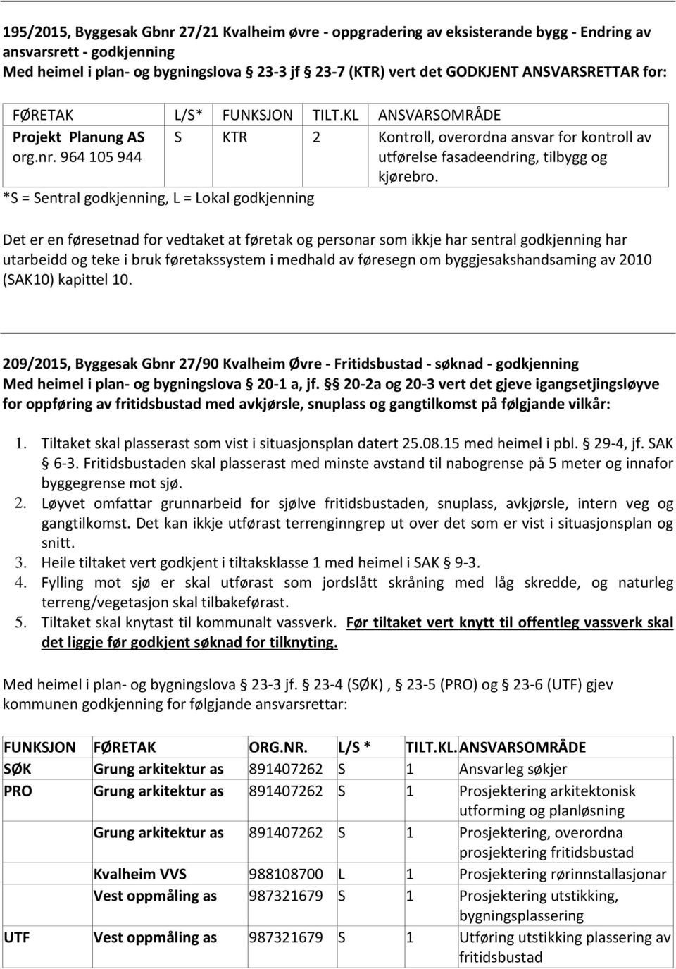 *S = Sentral godkjenning, L = Lokal godkjenning Det er en føresetnad for vedtaket at føretak og personar som ikkje har sentral godkjenning har utarbeidd og teke i bruk føretakssystem i medhald av