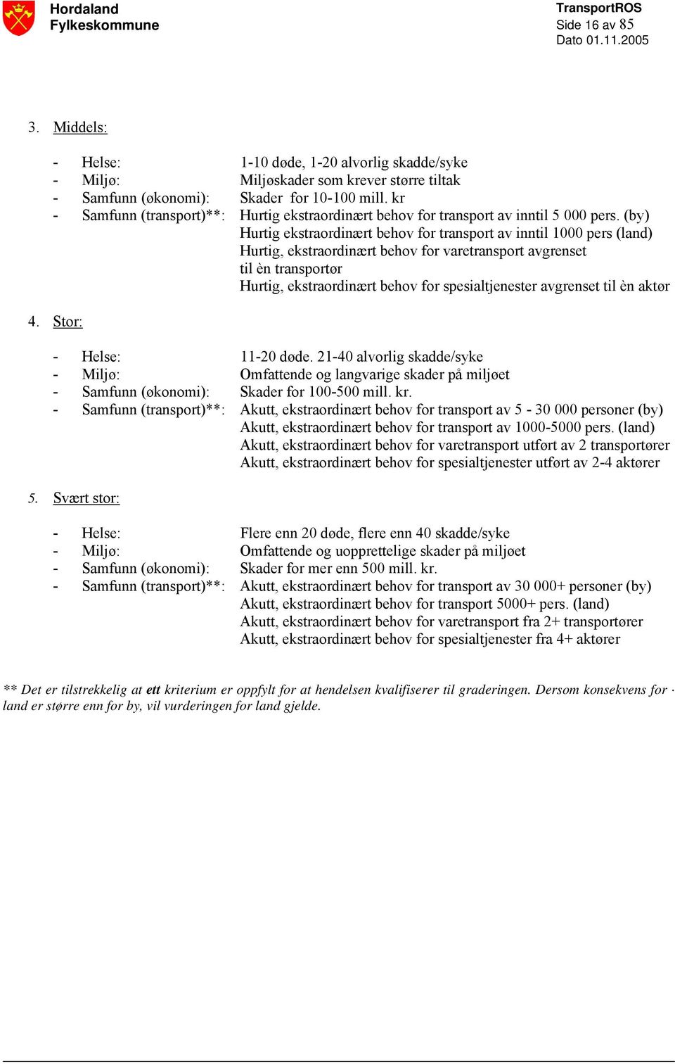 (by) Hurtig ekstraordinært behov for transport av inntil 1000 pers (land) Hurtig, ekstraordinært behov for varetransport avgrenset til èn transportør Hurtig, ekstraordinært behov for spesialtjenester