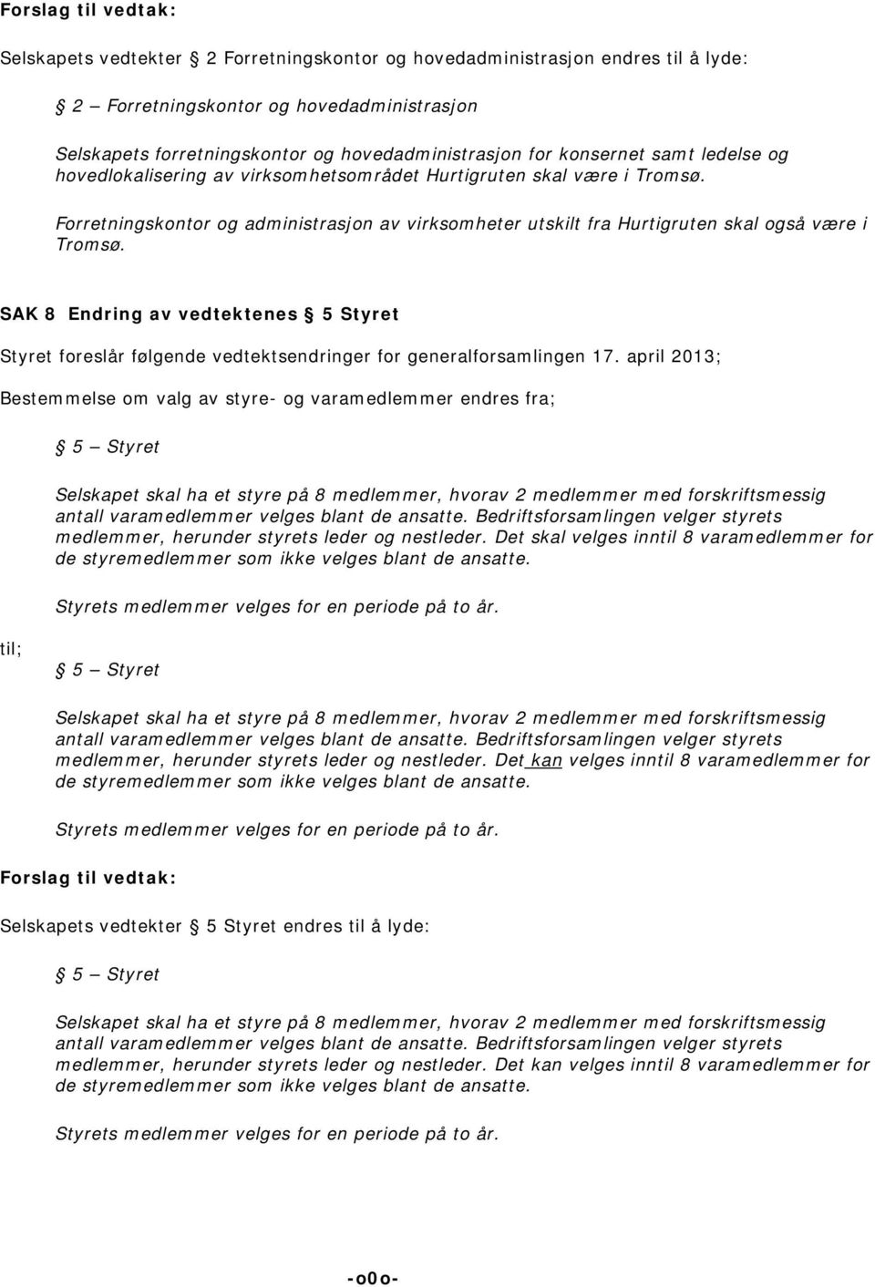 SAK 8 Endring av vedtektenes 5 Styret Styret foreslår følgende vedtektsendringer for generalforsamlingen 17.