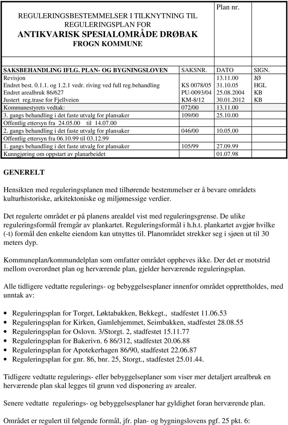 2012 JØ HGL KB KB Kommunestyrets vedtak: 072/00 13.11.00 3. gangs behandling i det faste utvalg for plansaker 109/00 25.10.00 Offentlig ettersyn fra 24.05.00 til 14.07.00 2. gangs behandling i det faste utvalg for plansaker 046/00 10.