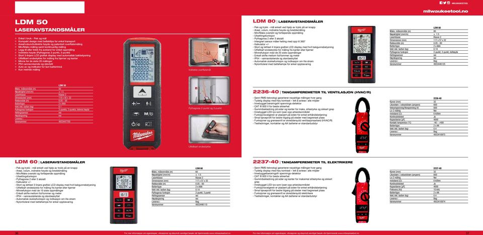 hjørner og kanter Minne for de siste 20 målinger P54 vannavvisende og støvtett Auto av og indikator for lavt batterinivå Kun metrisk måling Indirekte overflatemål LDM 80 LASERAVSTANDSMÅLER Pek og