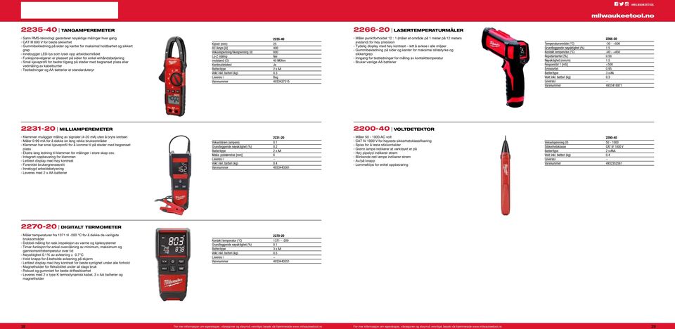 plass eller vedmåling av kabelbunter Testledninger og AA batterier er standardutstyr 2235-40 Kjever (mm) 25 AC Amps [A] 400 Vekselspenning/likespenning (V) 600 Lo-Z måling Nei motstand (Ω) 40 MOhm