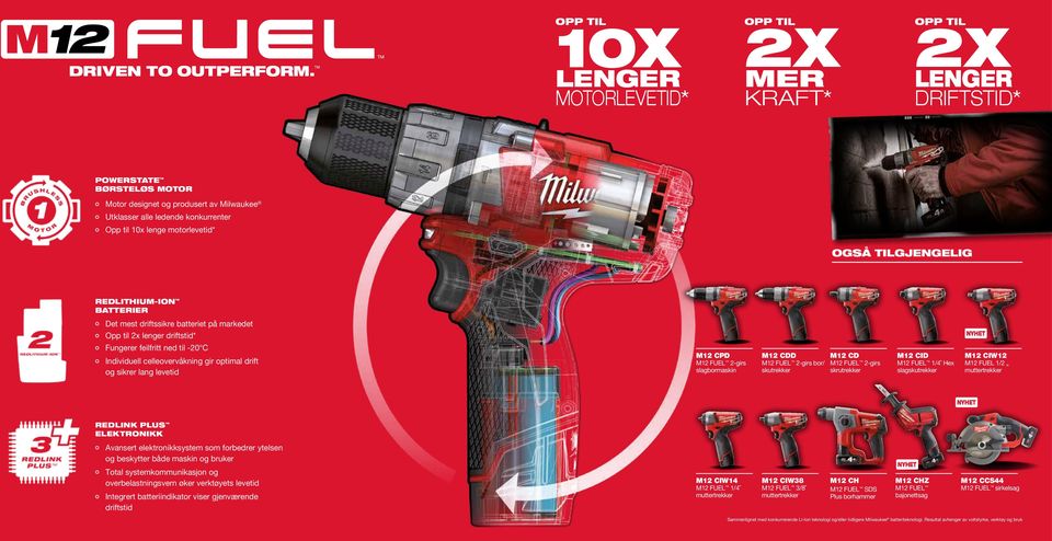 gir optimal drift og sikrer lang levetid M12 CPD M12 FUEL 2-girs slagbormaskin NYHET M12 CDD M12 CD M12 CID M12 CIW12 M12 FUEL 2-girs bor/ M12 FUEL 2-girs M12 FUEL 1/4 Hex M12 FUEL 1/2 skutrekker