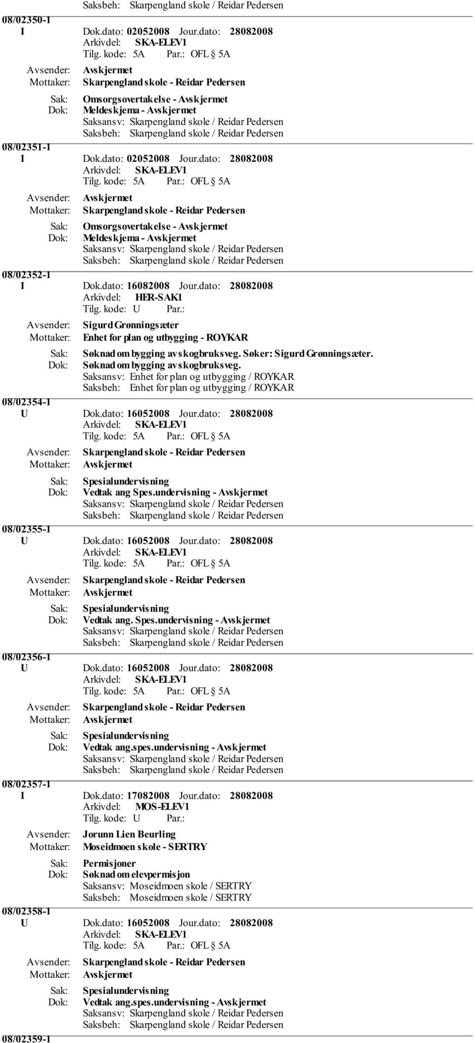 Søker: Sigurd Grønningsæter. Søknad om bygging av skogbruksveg. Saksansv: Enhet for plan og utbygging / ROYKAR Saksbeh: Enhet for plan og utbygging / ROYKAR 08/02354-1 Vedtak ang Spes.