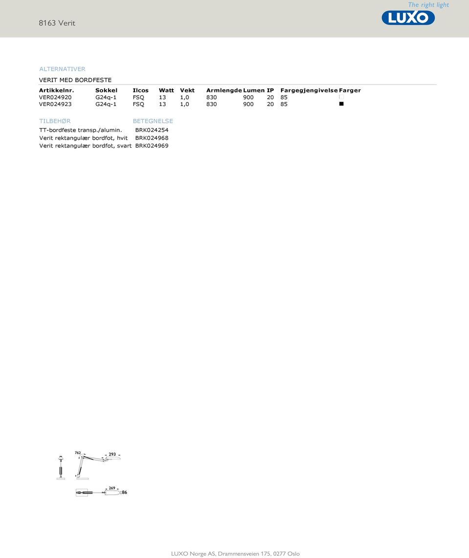 900 20 85 VER024923 G24q 1 FSQ 13 1,0 830 900 20 85 TILBEHØR BETEGNELSE TT bordfeste transp.