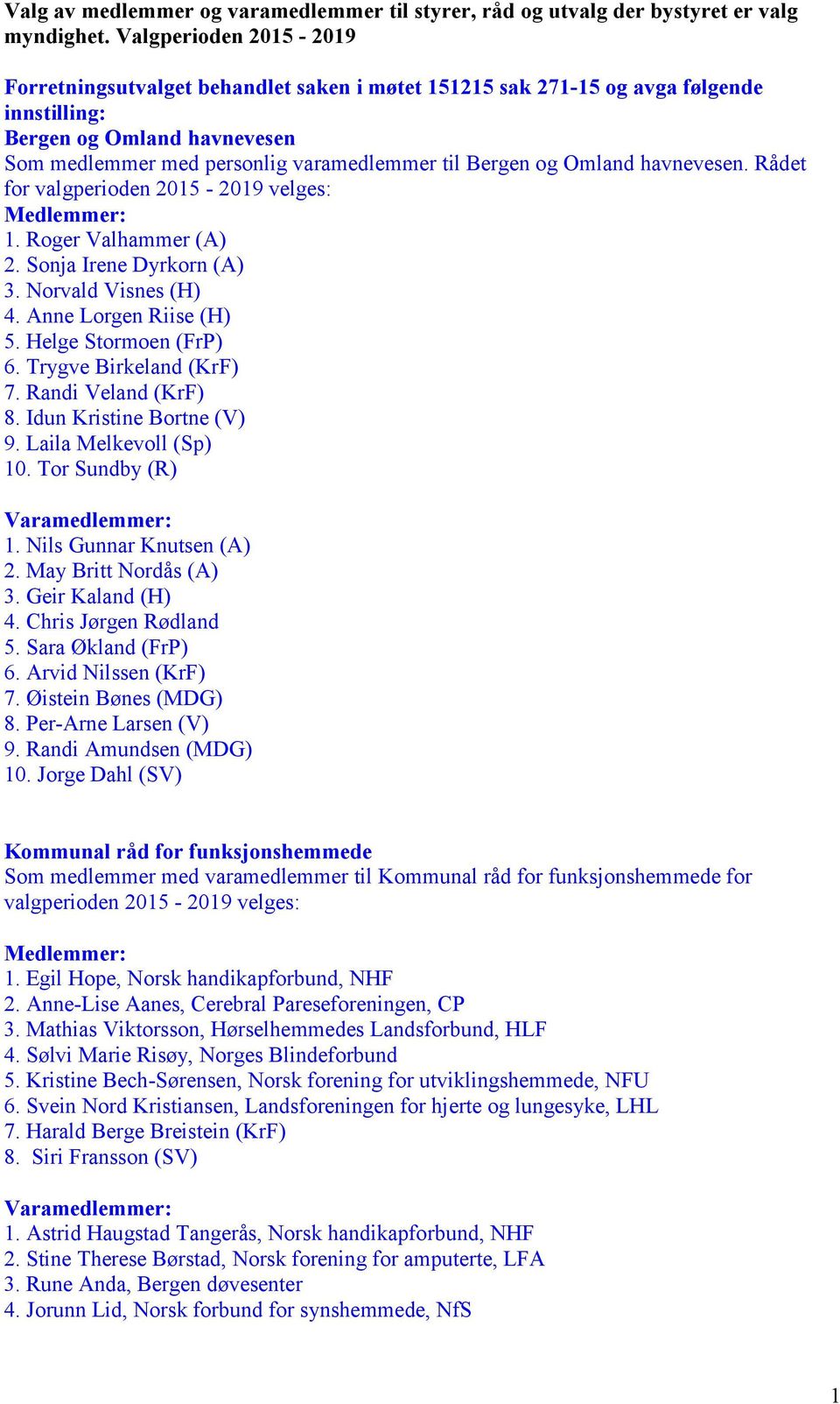 Omland havnevesen. Rådet for 1. Roger Valhammer (A) 2. Sonja Irene Dyrkorn (A) 3. Norvald Visnes (H) 4. Anne Lorgen Riise (H) 5. Helge Stormoen (FrP) 6. Trygve Birkeland (KrF) 7. Randi Veland (KrF) 8.