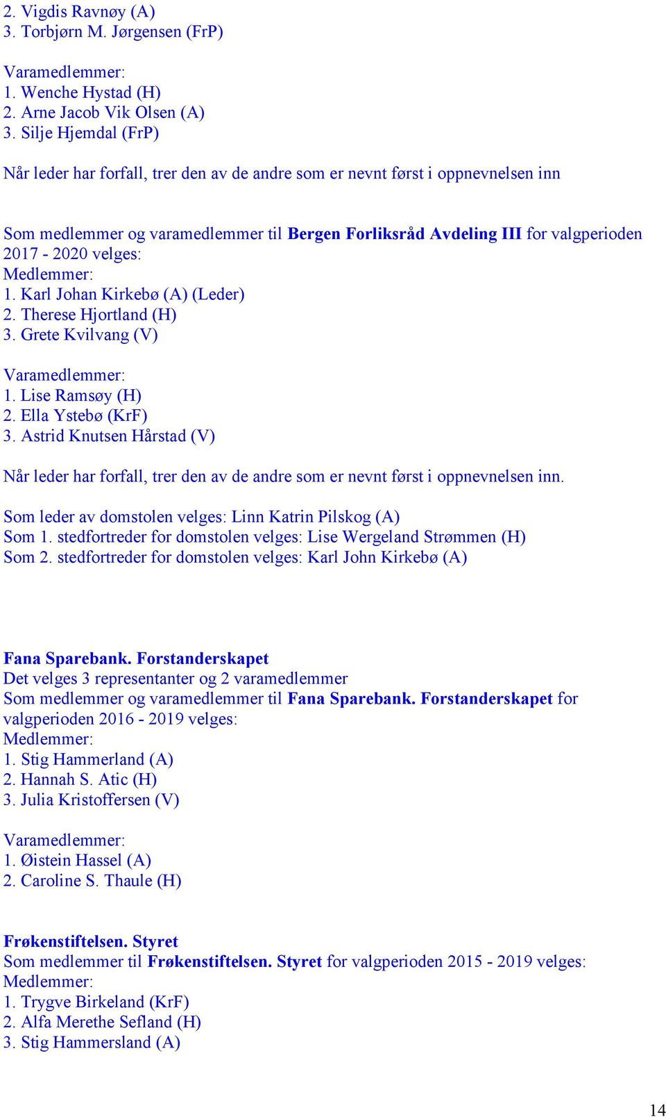 velges: 1. Karl Johan Kirkebø (A) (Leder) 2. Therese Hjortland (H) 3. Grete Kvilvang (V) 1. Lise Ramsøy (H) 2. Ella Ystebø (KrF) 3.