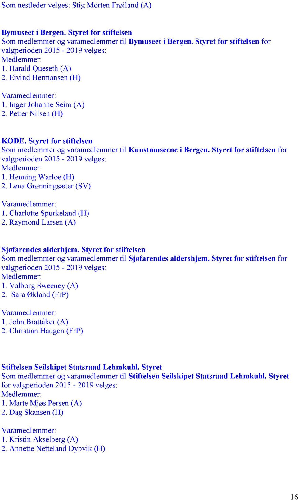 Henning Warloe (H) 2. Lena Grønningsæter (SV) 1. Charlotte Spurkeland (H) 2. Raymond Larsen (A) Sjøfarendes alderhjem. Styret for stiftelsen Som medlemmer og varamedlemmer til Sjøfarendes aldershjem.