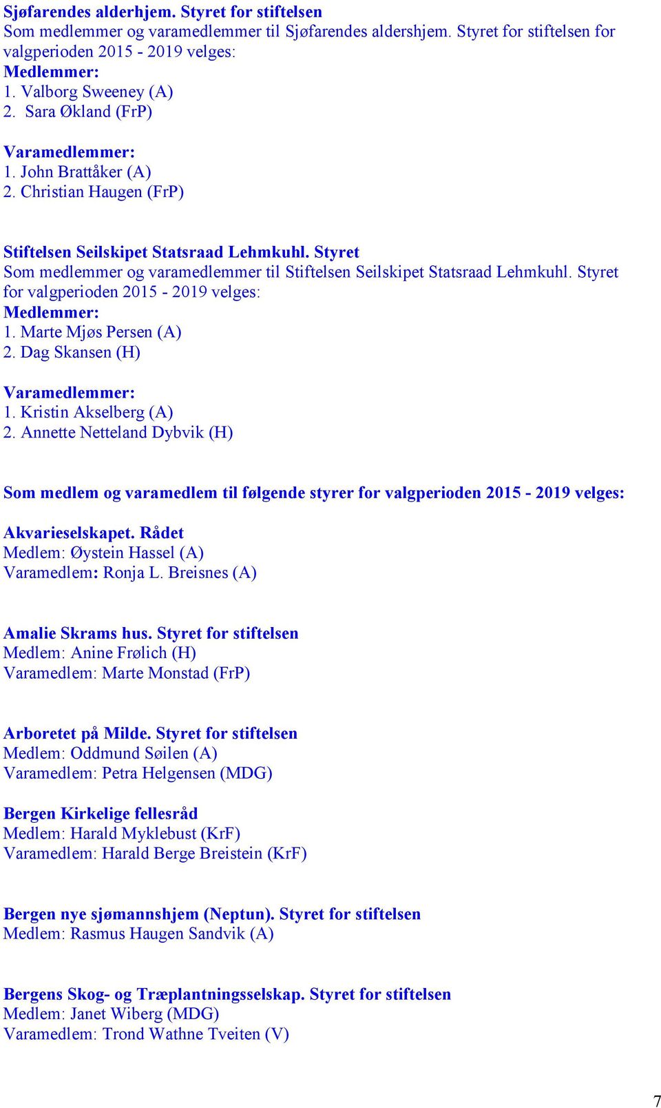 Dag Skansen (H) 1. Kristin Akselberg (A) 2. Annette Netteland Dybvik (H) Som medlem og varamedlem til følgende styrer for Akvarieselskapet. Rådet Medlem: Øystein Hassel (A) Varamedlem: Ronja L.