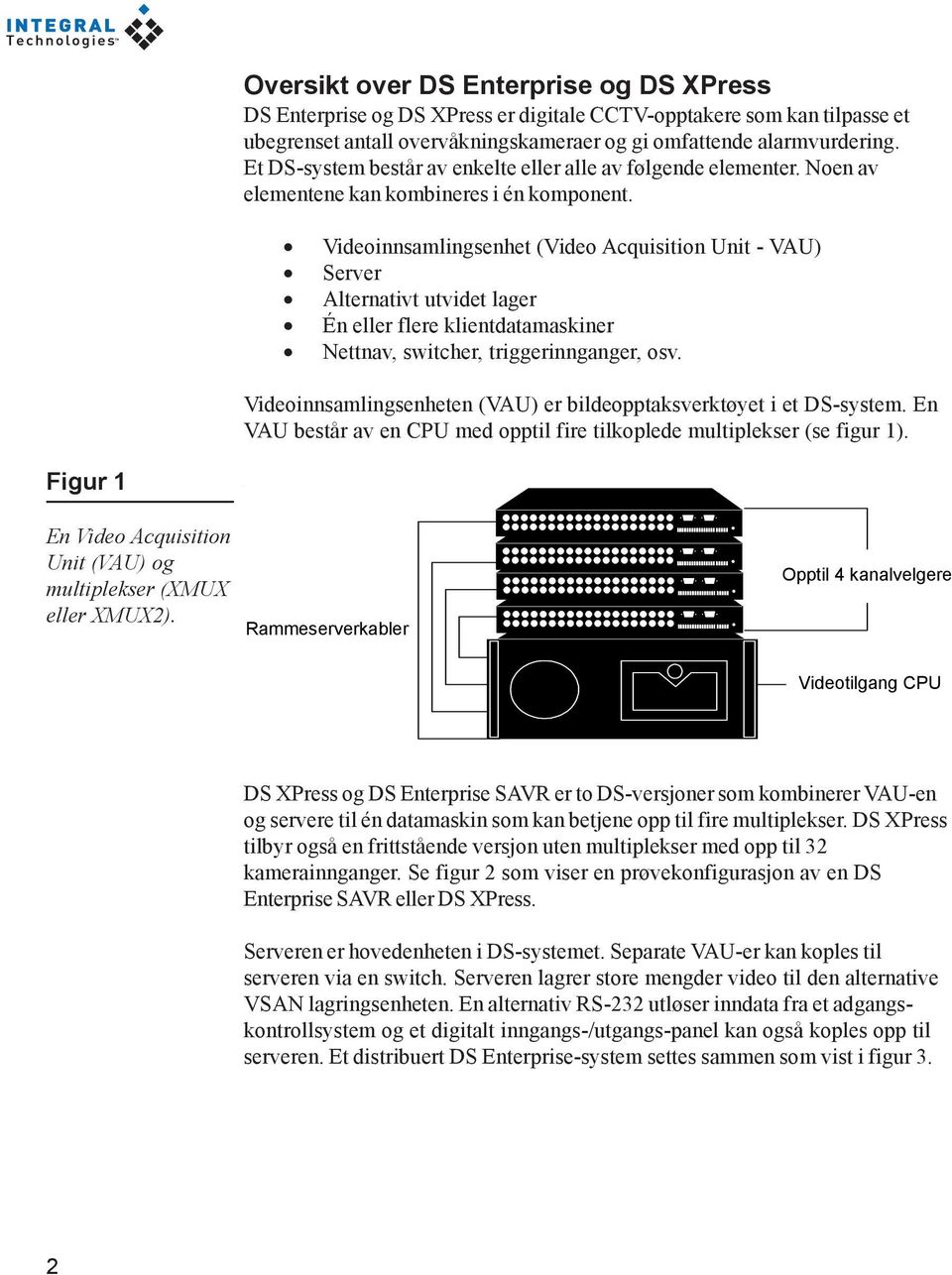 Videoinnsamlingsenhet (Video Acquisition Unit - VAU) Server Alternativt utvidet lager Én eller flere klientdatamaskiner Nettnav, switcher, triggerinnganger, osv.