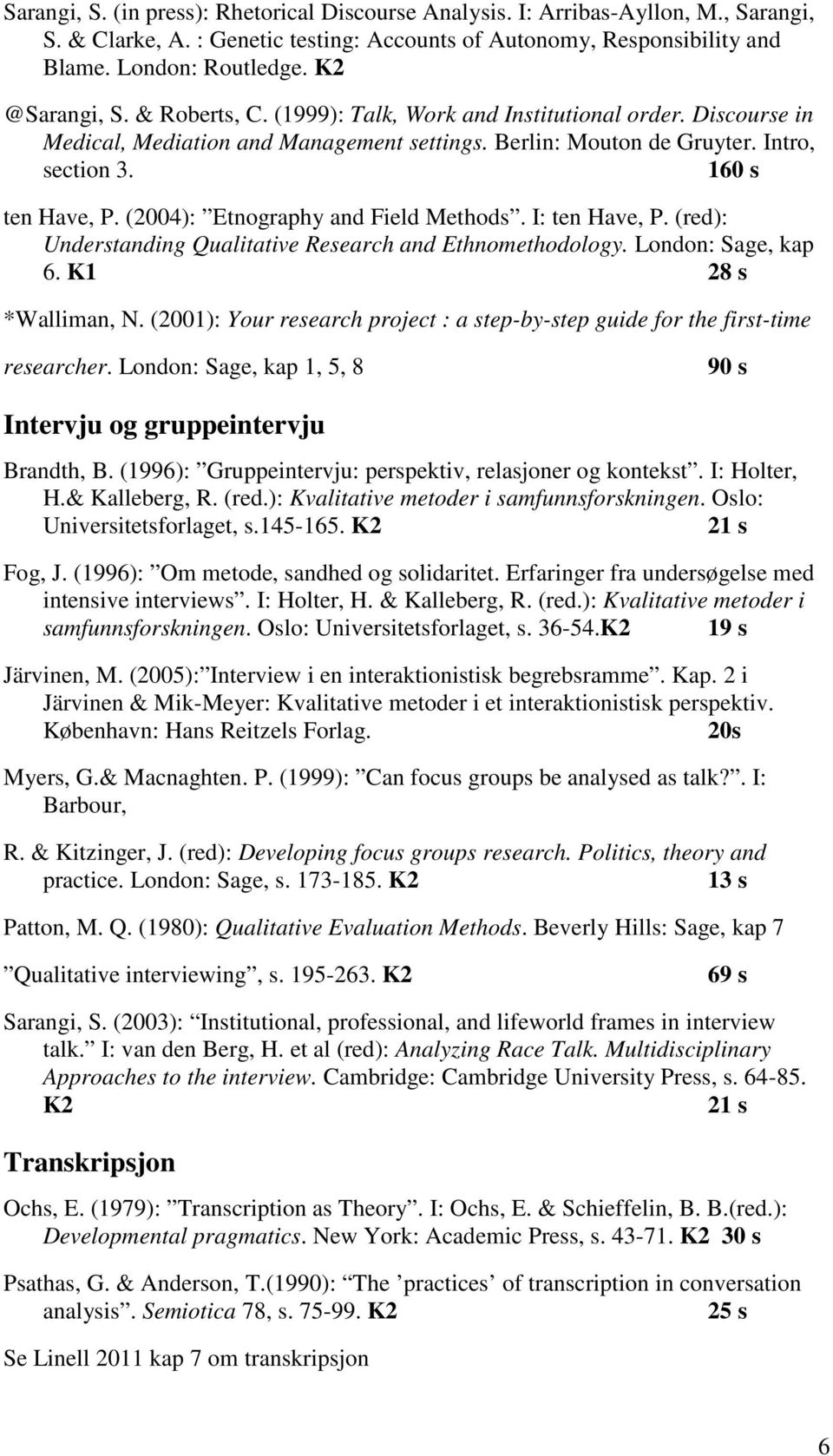 (2004): Etnography and Field Methods. I: ten Have, P. (red): Understanding Qualitative Research and Ethnomethodology. London: Sage, kap 6. K1 28 s *Walliman, N.
