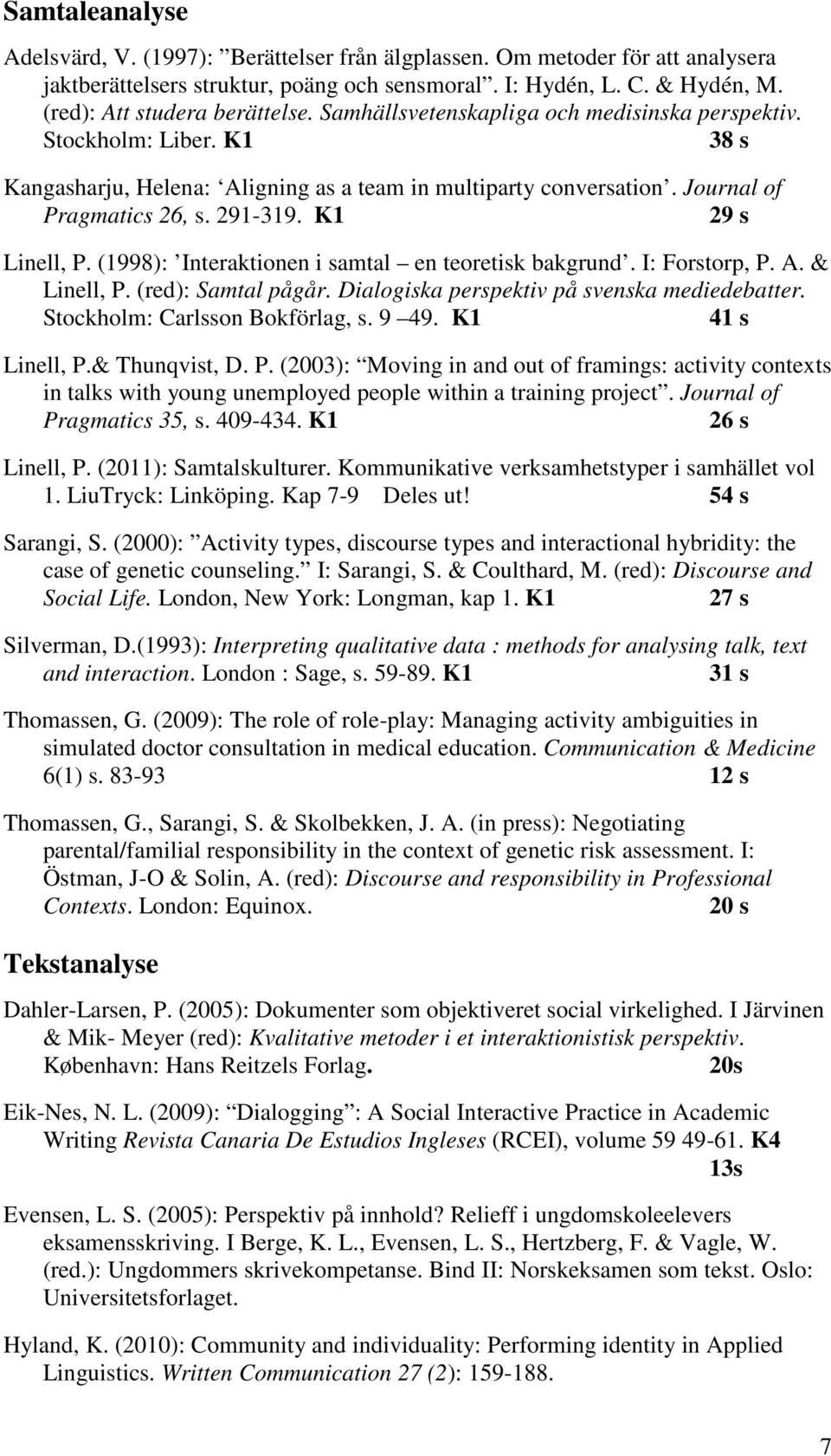 Journal of Pragmatics 26, s. 291-319. K1 29 s Linell, P. (1998): Interaktionen i samtal en teoretisk bakgrund. I: Forstorp, P. A. & Linell, P. (red): Samtal pågår.