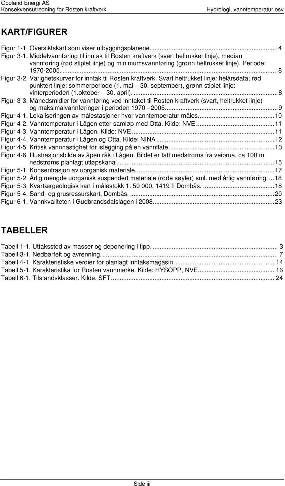 Varighetskurver for inntak til Rosten kraftverk. Svart heltrukket linje: helårsdata; rød punktert linje: sommerperiode (1. mai 30. september), grønn stiplet linje: vinterperioden (1.oktober 30.