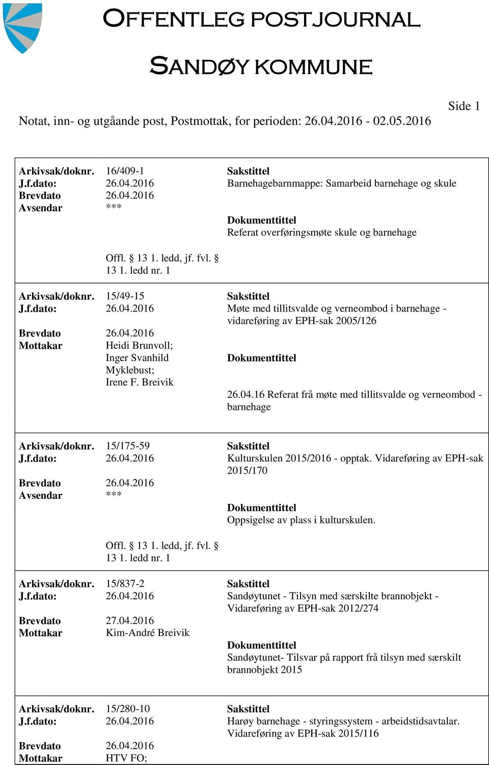 2016 Møte med tillitsvalde og verneombod i barnehage - vidareføring av EPH-sak 2005/126 Mottakar Heidi Brunvoll; Inger Svanhild Myklebust; Irene F. Breivik 26.04.