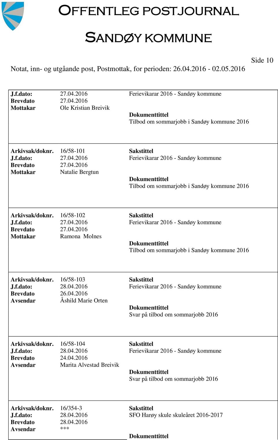 16/58-102 Sakstittel Mottakar Ramona Molnes Tilbod om sommarjobb i Sandøy kommune 2016 Arkivsak/doknr. 16/58-103 Sakstittel J.f.dato: 28.04.