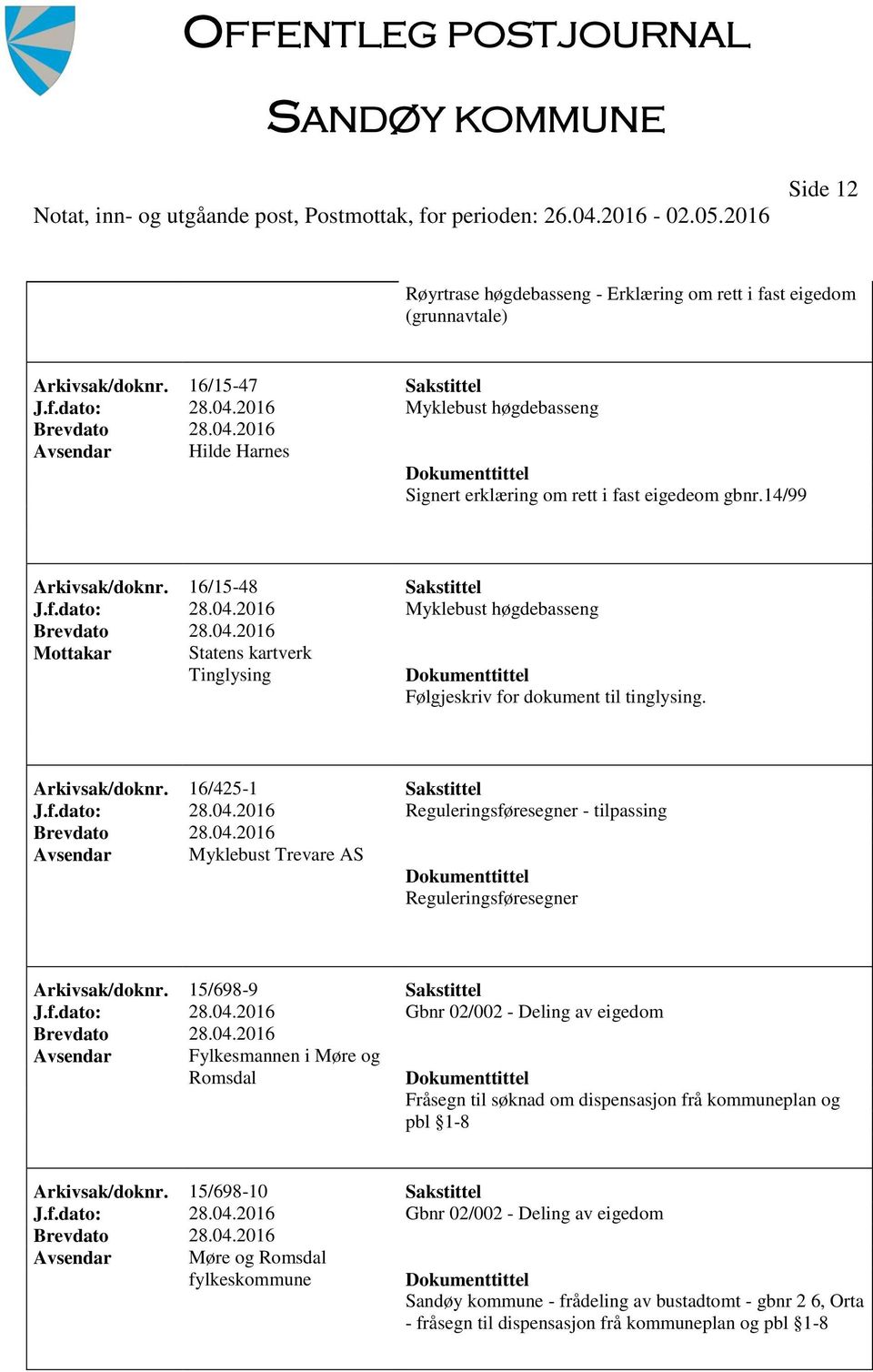 2016 Myklebust høgdebasseng Mottakar Statens kartverk Tinglysing Følgjeskriv for dokument til tinglysing. Arkivsak/doknr. 16/425-1 Sakstittel J.f.dato: 28.04.