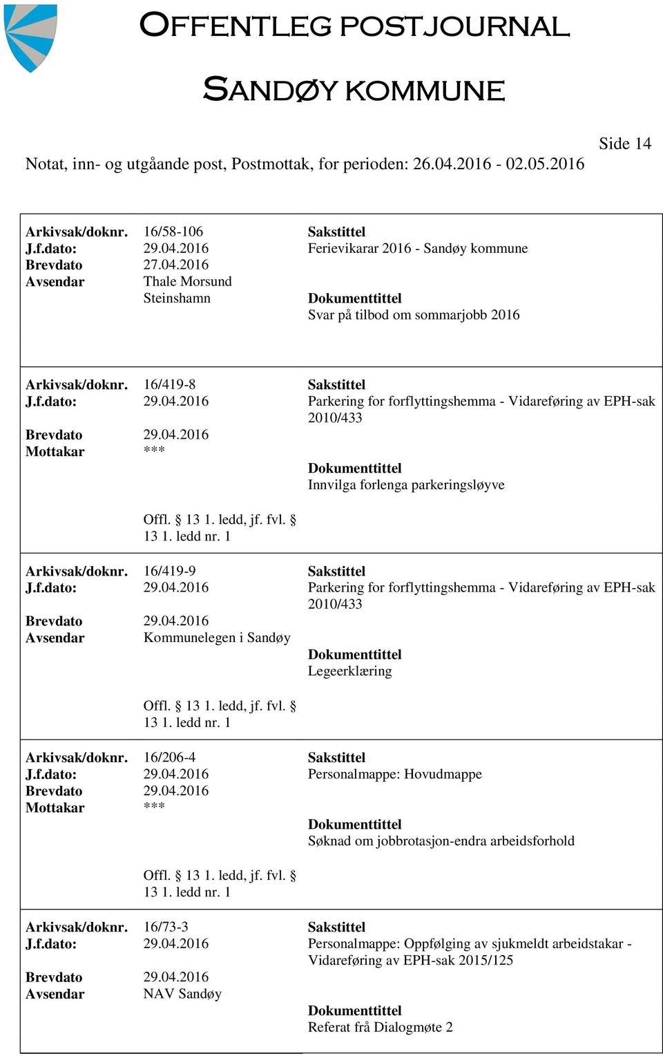 16/73-3 Sakstittel J.f.dato: 29.04.2016 Personalmappe: Oppfølging av sjukmeldt arbeidstakar - Vidareføring av EPH-sak 2015/125 NAV Sandøy Referat frå Dialogmøte 2