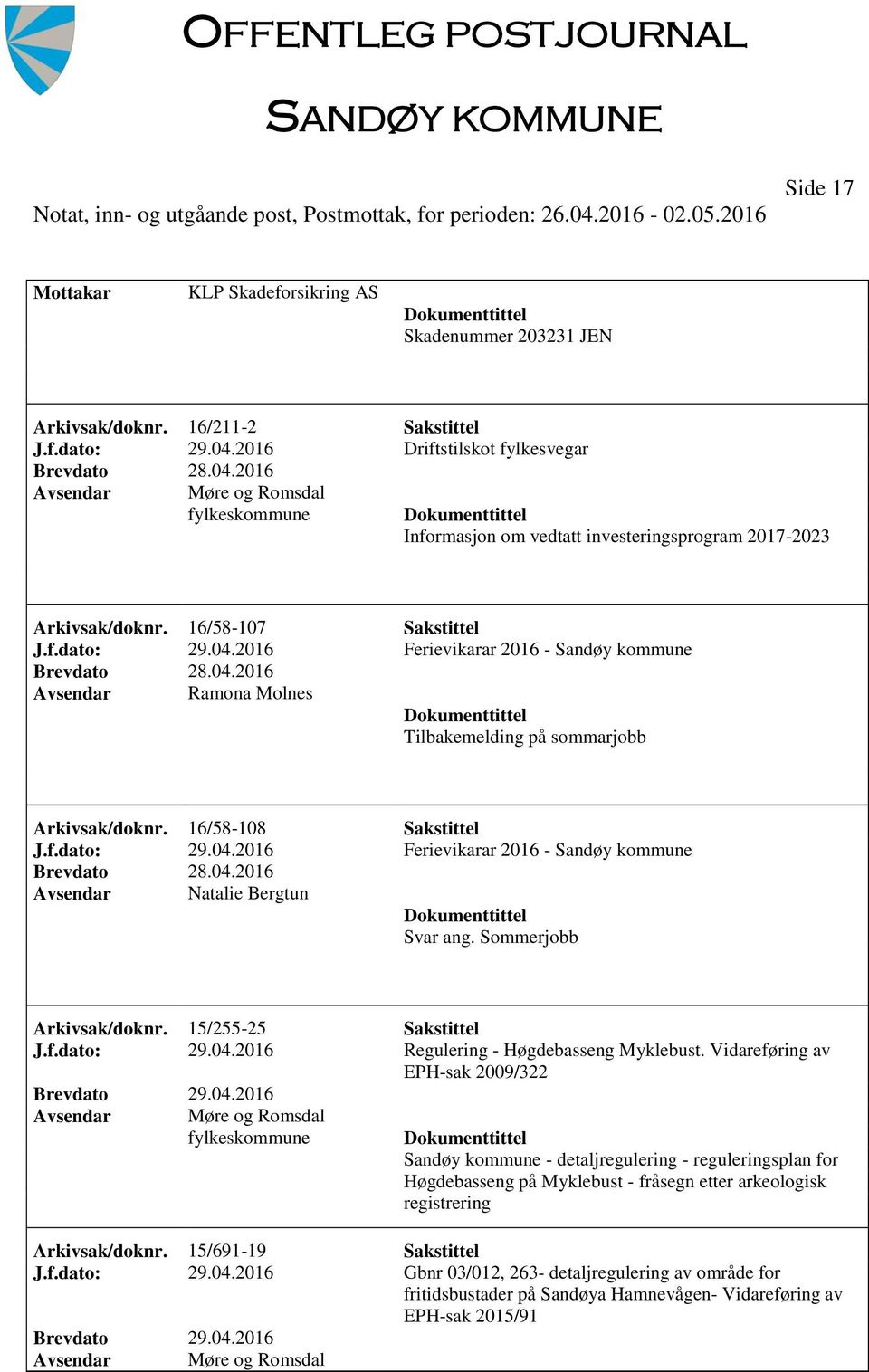2016 Ferievikarar 2016 - Sandøy kommune Ramona Molnes Tilbakemelding på sommarjobb Arkivsak/doknr. 16/58-108 Sakstittel J.f.dato: 29.04.